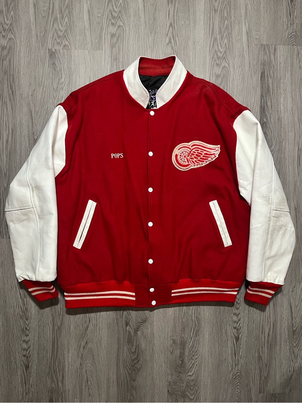 Vintage 90s Detroit Red Wings button varsity leather wool bomber jacket mens 3XL